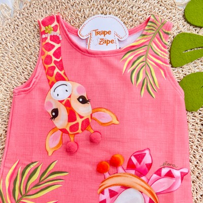 Vestido Regata Girafinhas com Pompons - Goiaba
